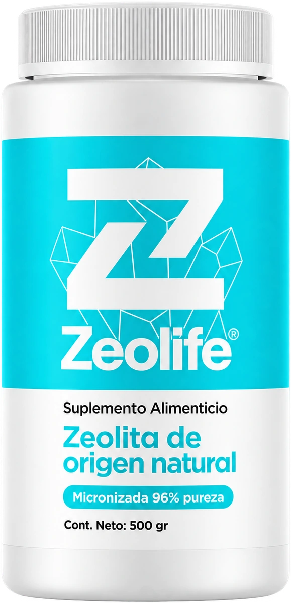 Zeolife polvo, frasco blanco con etiqueta turquesa